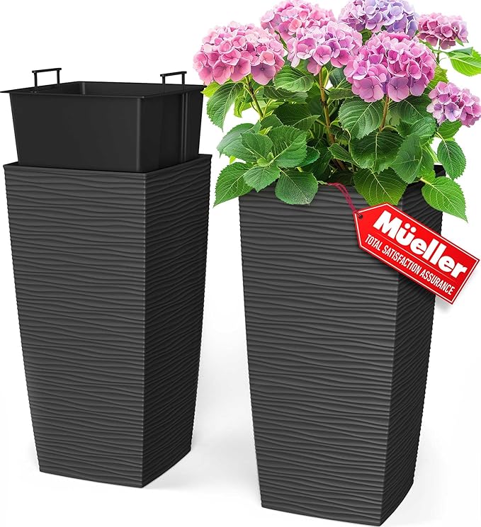 Mueller Janska M-Resin Heavy Duty Tall Planter, Indoor/Outdoor Grande Plant, Tree, Flower Pot, 2-Piece Set, 24”, Modern Design, Built-in Drainage, Dark Gray Mueller