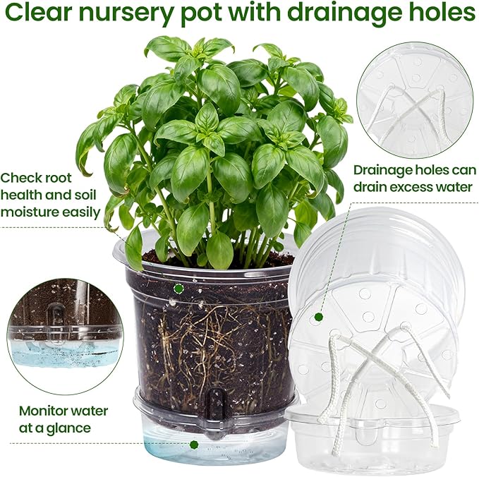 MIXC 12 Packs 6.5 Inch Self Watering Pots for Indoor Plants - Clear Nursery Plant Pots with Drainage, Deep Visible Reservoir - Flower Planter Outdoor with Wicking Rope MIXC
