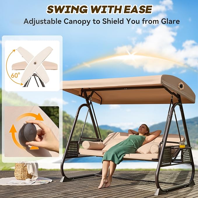 3 in 1 Outdoor Porch Swing with Adjustable Canopy, 3 Seat Outdoor Swing for Adults, Patio Swing Chair with Thickened Cushions,Pillows & Cup Holders for Backyard, Porch, Garden (Khaki) YALISSEY