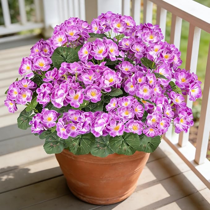 Artificial Geraniums Flowers for Outdoors, 6 Bundles Realistic Silk Fake Geranium, UV Resistant Faux Plants for Hanging Baskets, Window Boxes, Planters - Porch, Patio, Garden Decor(Purple) AmberFun
