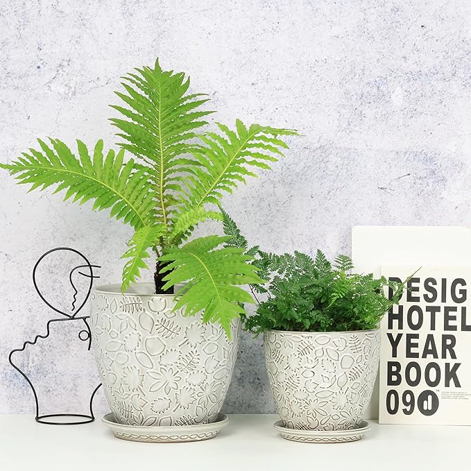 8 Inch + 6 Inch Retro Ceramic Planter Set of 2 with Drainage Hole and Saucer for Multiple Plants, Indoor-Outdoor Garden Pots for Succulent, Orchid, and Flower (Retro White) Bestseler