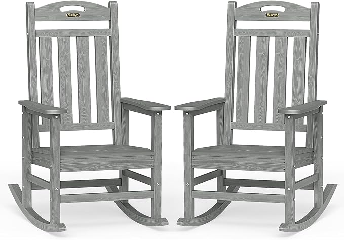 Oversized Outdoor Rocking Chairs Set of 2, High Back Porch Rocker Chair, HDPE Rocking Chairs for Patio, Living Room, Light Grey Suunyn