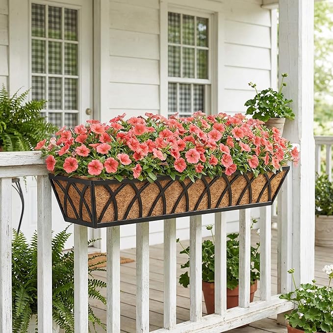 Y&M 30 Inch Window Deck with Coco Liner, Fence Metal Hanging Flower Planter Basket Deck Railing Planter Boxes for Outdoor Garden Lawn, 30" Window Boxes Horse Trough with Coconut Coir Liner,4pcs YM