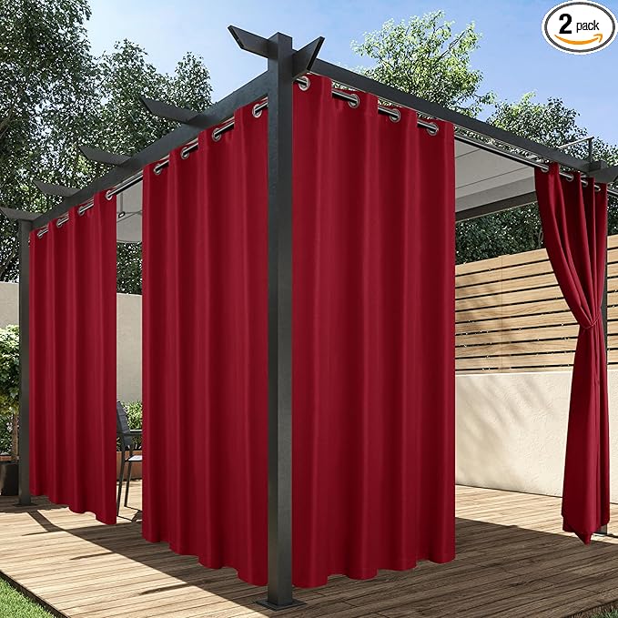 HolidayIdeas Red Outdoor Curtains for Patio Waterproof, 2 Panels - 54 x 108 Inch - Privacy Protection & Light Filtering Curtains Grommet Outside Curtains for Porch, Gazebo, Pergola, Backyard HolidayIdeas