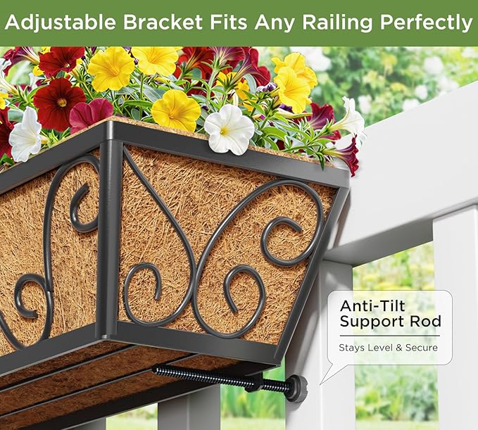 4pcs 24 Inch Window Deck with Coco Liner, 24" Window Boxes Horse Trough with Coconut Coir Liner, Metal Hanging Flower Planter Window Basket Deck Railing Planter Boxes for Outdoor Indoor Lawn LAWYAMAI