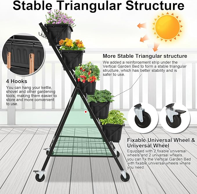 Homdox 5-Tier Vertical Garden Bed with Lockable Caster Wheels and Storage Rack - 4FT Vertical Raised Bed with 5 Garden Planter Boxes- Perfect to Grow Vegetables Herbs Flowers Indoor(Black) HOMDOX