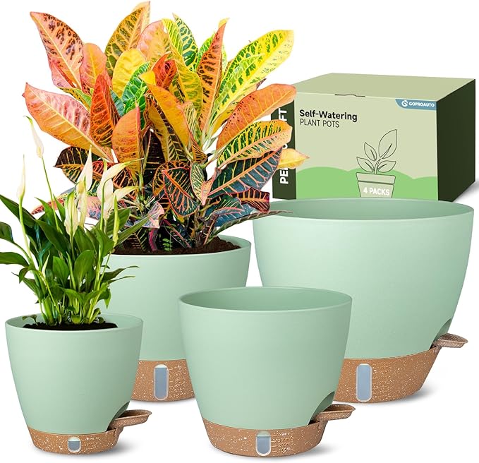 Self-Watering Pots for Indoor Plants 4 Pack, 6/8/10/12 Inch Outdoor Planters with Water Level Indicator&Deep Reservoir, Decorative Flower Pots for Indoor Plants,Home Decor (Green, 12+10+8+6 inch) GOPROAUTO