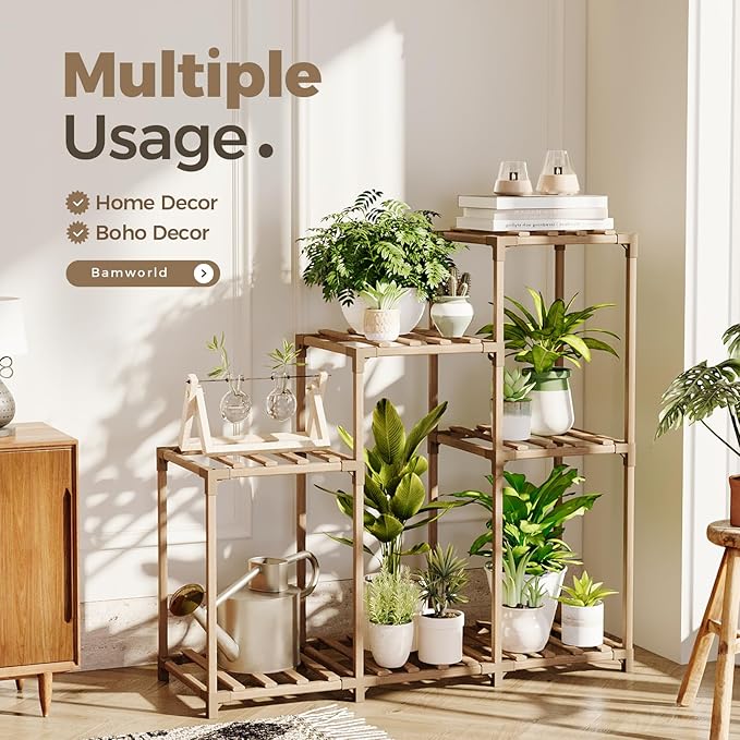 Bamworld Plant Stand Indoor Wood Plant Shelf Outdoor Tiered Plant Rack for Multiple Plants Upgrade 3 Tiers 7 Potted Ladder Plant Holder Plant Table for Mulitiple Pots Boho Decor Home Decor for Window Balcony Living Room Gardening Gifts Bamworld