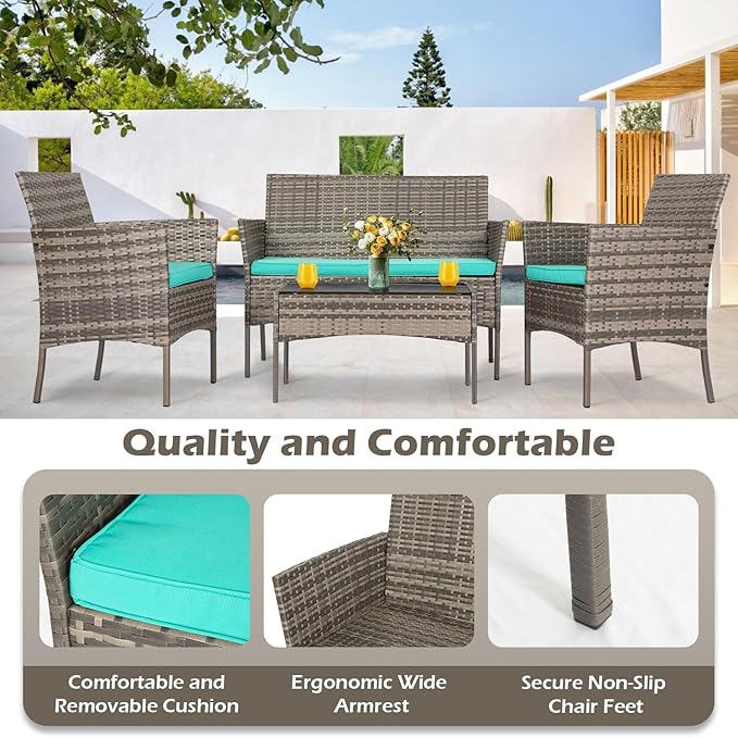 FDW | 4-Piece Patio Furniture Set | Gray & Blue | Outdoor Wicker Furniture with Coffee Table | Modern Rattan Chairs Conversation Set | Outdoor Seating | Weather-Resistant | for Porch, Garden, Lawn FDW