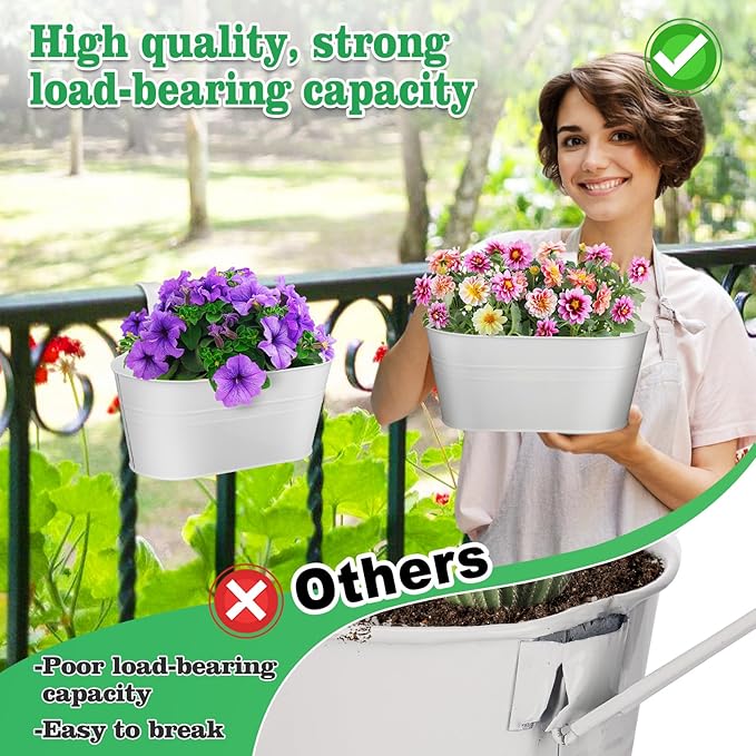 MADHOLLY Railing Planter with Drainage Holes - 6Pcs Sturdy Bucket Pots for Railing Fence, Countryside Style Metal Flower Pots for Herbs Balcony Garden Yard Decor, White MADHOLLY
