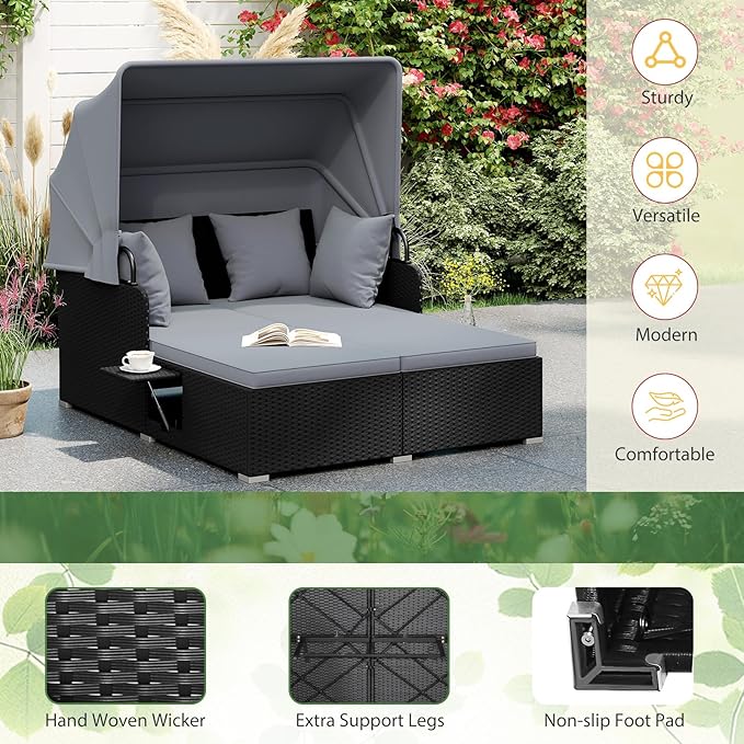 ORALNER Outdoor Daybed, 2-Person Wicker Patio Sofa with Retractable Canopy, Cushions & Pillows, 2 Side Trays, PE Rattan Double Sunbed Lounger for Deck Poolside Backyard Garden Balcony (Gray) ORALNER