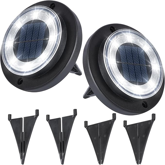 Flacchi Solar Lights Outdoor - Solar Powered Ground Lights Outdoor Solar Disk Light Waterproof Landscape Light for Patio Yard Pathway Walkway Driveway (Cool White, 2 Pack) Flacchi