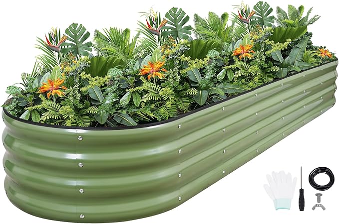 G GOOD GAIN Raised Garden Beds - 8x2x1ft Galvanized Planter Boxes Kit with Protective Tape & Gloves & Tools | Oval Metal Outdoor Raised Bed for Gardening Vegetables, Fruits, Flowers, Herbs, Oliver GGOODGAIN