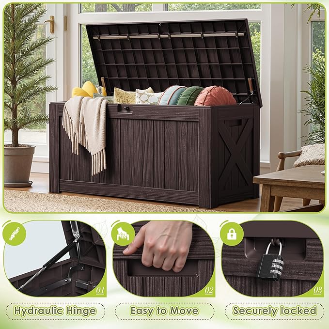 Devoko 125 Gallon Outdoor Storage Box, Waterproof Resin Deck Box for Patio Furniture, Lockable Container for Garden Cushions & Pool Supplies (Brown, 125 Gallon) DEVOKO