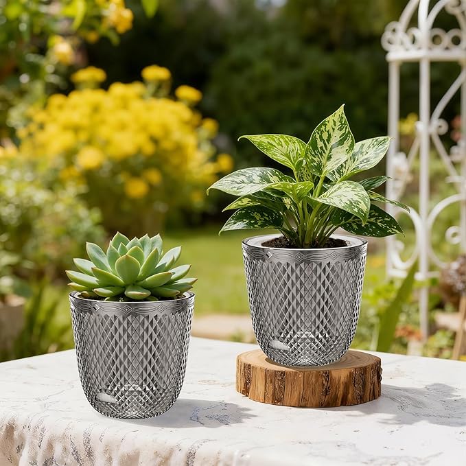 QCQHDU 2 Pack Self Watering Pots, 7.2 Inch Flower Pots with Drainage Holes and Water Filling Port, Garden Planter for Indoor Outdoor Plants (Gray) QCQHDU
