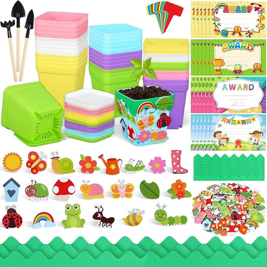 Elcoho 36 Set Garden Plastic Pot Craft Kit Plant Spring Craft Kits for Kids Flower Pots with 150 Foam Stickers 36 Labels 24 Certificate of Awards 3 Tools Planting Growing Kit for Kids, Mixed Colors Elcoho
