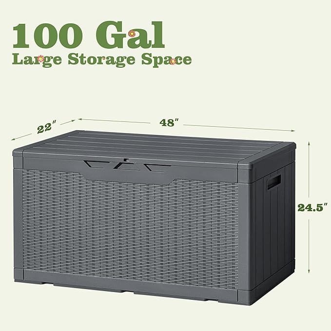 Flamaker Outdoor Storage Box 100 Gallon Waterproof Resin Deck Box Delivery Box with Air Rod Indoor Outdoor Lockable Storage Bench for Patio Cushions, Tools, Pool Accessories (Gray) Flamaker