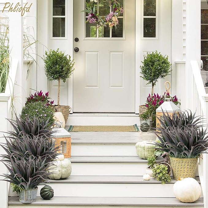 32 Pcs Artificial Grass Fake Plants 17.3in Outdoor Plants UV Resistant Faux Greenery Stems Fake Grass for Home Window Garden Office Patio Pathway Front Porch Halloween Décor Green & Black Phliofd