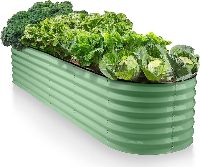 9-in-1 Galvanized Steel Raised Garden Bed // 8×2×1.5 ft Modular Planter for Gardening, Vegetables, Flowers // 18" Tall Metal Raised Garden Beds Outdoor (Light Green) // Patented Design Planter Box PlantPlot
