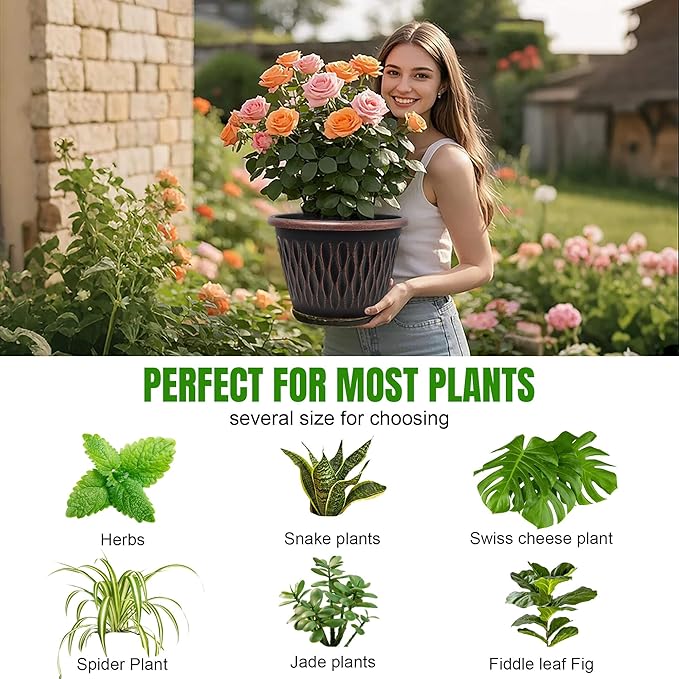 6 Pack 8 Inch Retro Plant Pots, Vintage Striped Flower Pots with Drainage Hole & Saucer, Large Plastic Planters for Indoor and Outdoor Plants, Decorative Garden Pots(Copper) Usocik