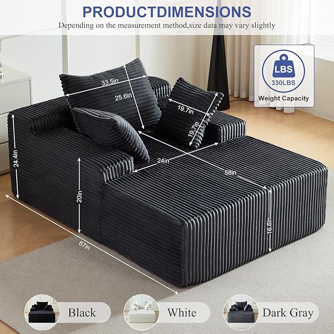 67 Inch Chaise Lounge Chair Indoor, Oversized Upholstered Boneless Sofa Bed, Corduroy Deep Seat Sleeper Couch Reading Chairs, Cloud Sofas Couches for Living Room, No Assembly Required (Dark Gray) Rootora
