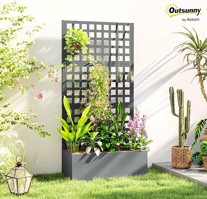 Outsunny Galvanized Raised Garden Bed with Trellis, Metal Planter Box with Drainage Holes, Outdoor Privacy Screen for Climbing Plants, Vegetable, Vines, 35" x 16" x 70", Gray Wood Effect Outsunny