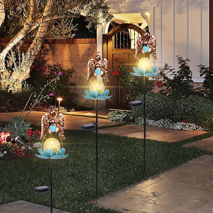 Solar Garden Lights Metal Flower Decor Colorful Solar Pathway Light with LED Cracked Crystal Ball Outdoor Decorative Stake for Patio Yard Lawn Garden Decor (Angel) VCUTEKA