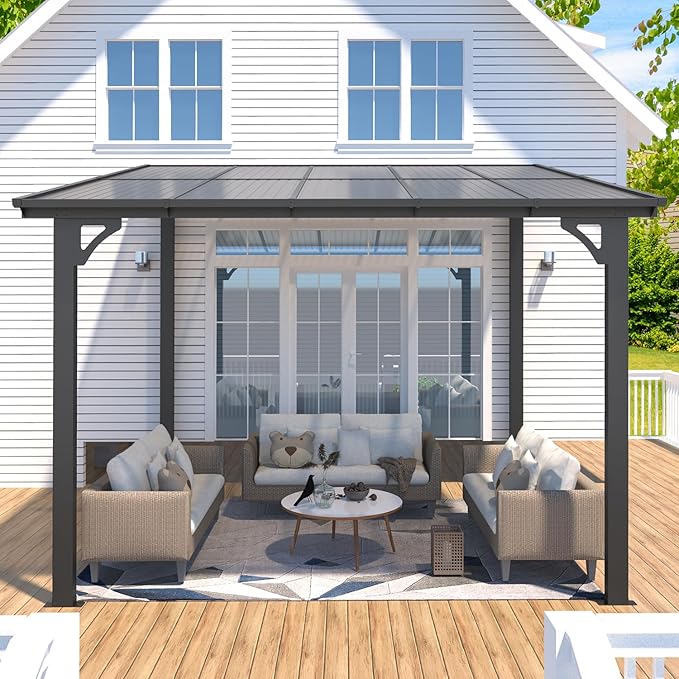 AECOJOY 10' x 8' Gazebo for Patio, Small Wall-Mounted Lean to Gazebo Pergola with Roof (80 Sq.Ft Shaded) on Clearance, Hard Top Heavy Duty Awnings for Decks, Backyard and More AECOJOY