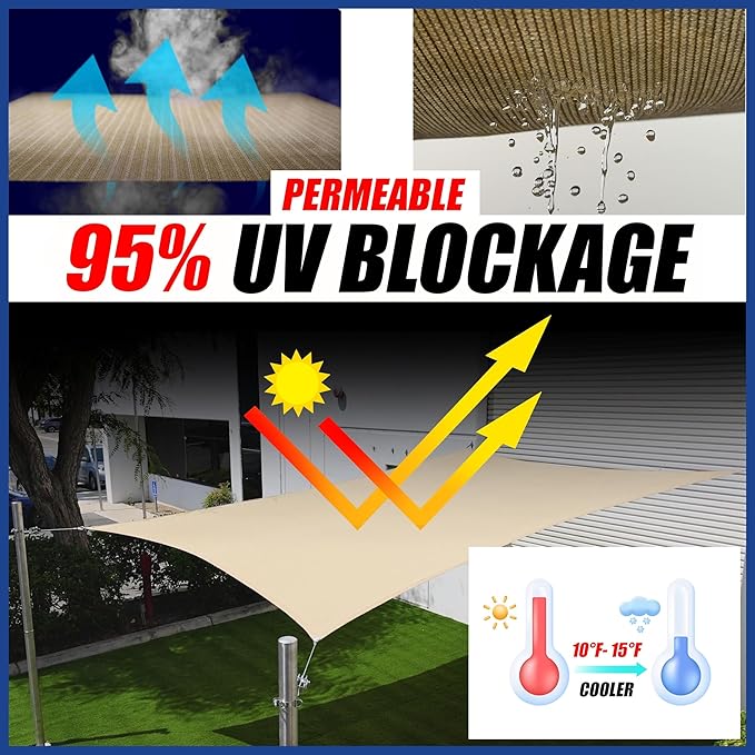 ShadeMart 12' x 20' Beige Sun Shade Sail UPF50 Rectangle Canopy Fabric Cloth Screen smTAPR1220, Water and Air Permeable & UV Resistant, Heavy Duty, Carport Patio Outdoor - (We Customize Size) ShadeMart