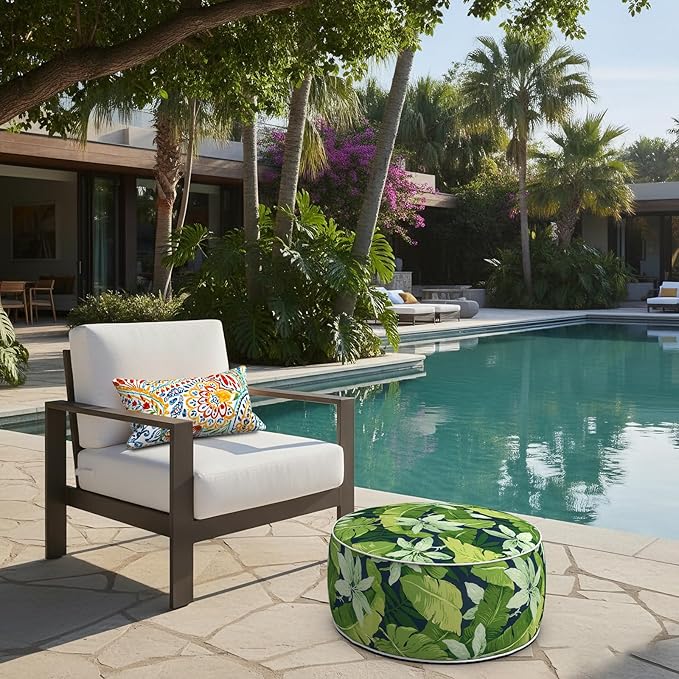 LVTXIII Indoor/Outdoor Inflatable Ottoman with Handle D21 x H9 Inch, Weather-Resistant Round Footstool Pouf for Patio Camping Living Room, Portable Footrest Extra Seating, Jungle Leaves LVTXIII