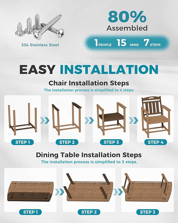 Ciokea HDPE Outdoor Dining Set, 5-Piece Patio Table and Chairs Set with Umbrella Hole, All-Weather Patio Dining Sets for 4, Durable Patio Furniture for Backyard, Garden, Lawn & Poolside, Teak CIOKEA