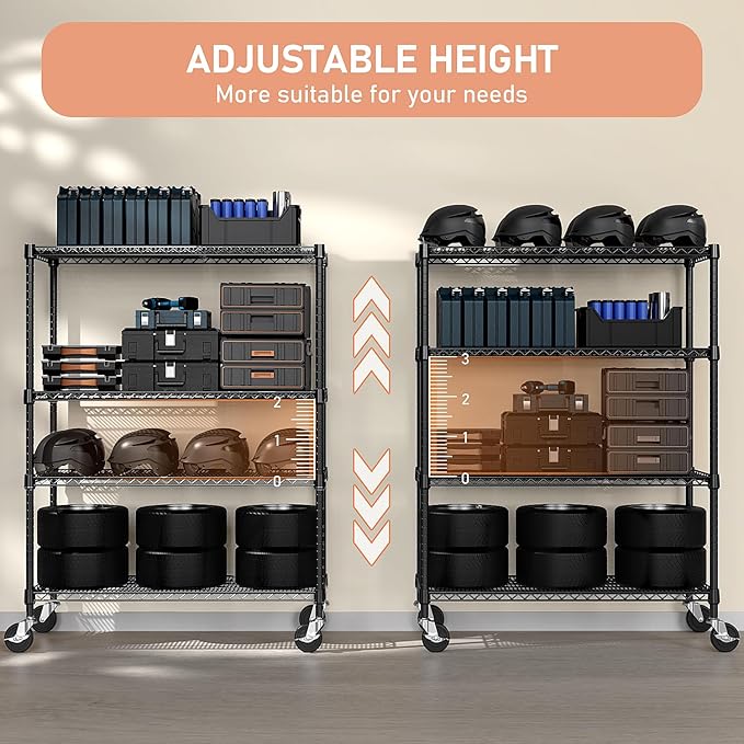 53" W Storage Shelves 1760LBS 4 Tier Metal Shelving Unit with Wheels Heavy Duty Garage Shelving Adjustable Wire Shelves for Pantry,Kitchen,Garage,Basement,Black 23.6" D x 53.2" W x 73.6" H MEIGAOPLASTICANDMETALHKCOLIMITED