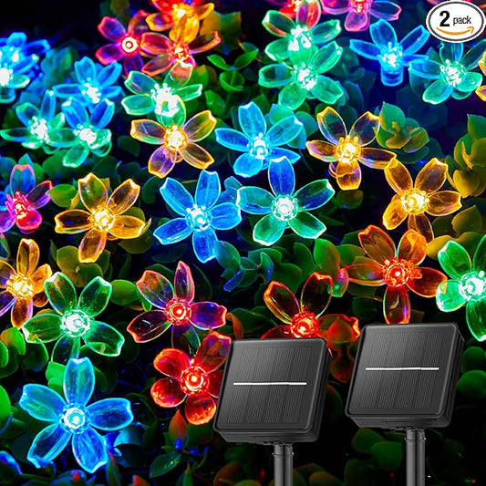 Brightown 2 Pack Total 52FT 120 LED Flower Solar String Lights Outdoor Waterproof Fairy Lights for Garden Yard Fence Patio Christmas Tree Wedding Party Decor, Multicolor Brightown
