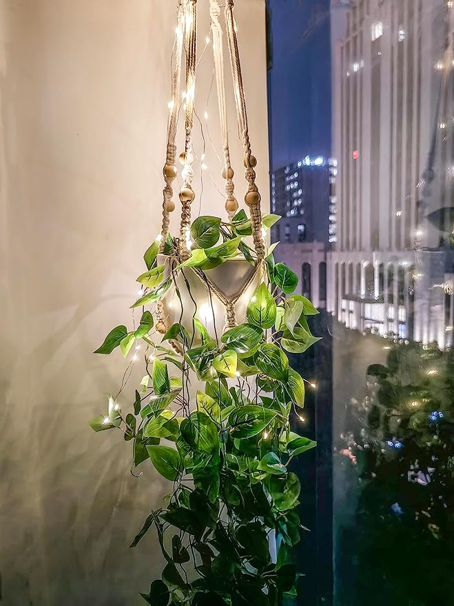 2 Packs Fake Hanging Plant with lights Artificial Plants with Pots for Home Decor Macrame Plant Hanger with Faux Vines Greenery for Bedroom Bathroom Room Ceiling Wall Boho Decor Indoor Outdoor Comtelek