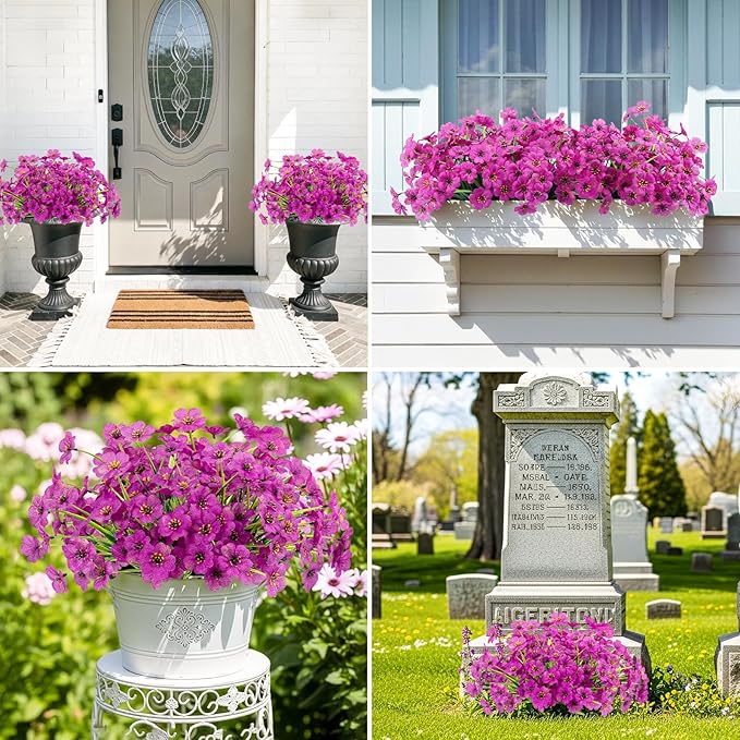 MACTING 24 Bundles Artificial Flowers for Outdoors Fake Flowers UV Resistant Faux Plastic Plants No Fade for Planters Window Patio Porch Home Garden Outside Spring Summer Decorations(Purple) MACTING