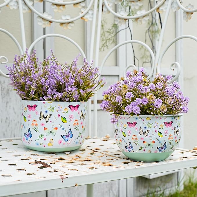 Butterfly & Bee Metal Planters Set of 2 – Decorative Flower Pots with Colorful Garden Prints, Outdoor & Indoor Use Cute Spring Floral Design for Patio, Balcony, Home Decor (Butterfly) JointHonglin
