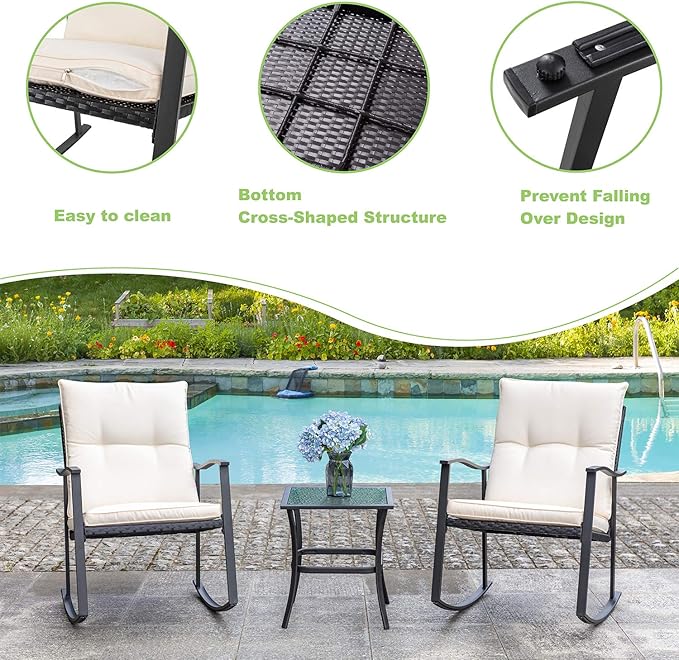 Vongrasig 3 Piece Outdoor Rocking Chair Set, PE Wicker Rattan Small Bistro Set, Front Porch Furniture Rocking Chairs Set of 2, Cushioned Patio Rocker Chair Set with Glass Table (Beige) Vongrasig