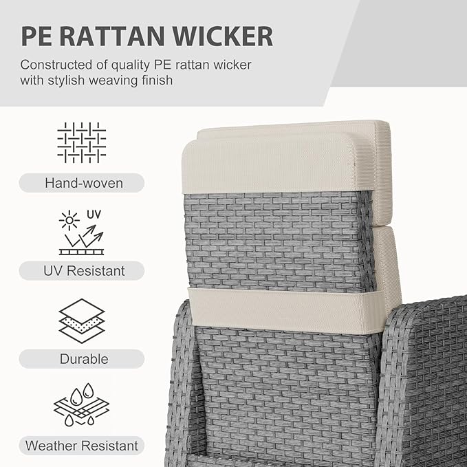 Restland Outdoor Recliner with Independent Adjustable Back & Footrest Wicker Patio Reclining Chair with Flip Table Comfortable Lounge Chair & Thick Cushion for Deck, Porch (3 Piece, Beige) Restland