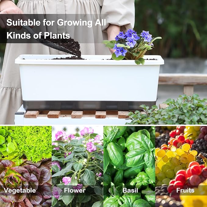 Window Box Planter 8 Pcs, 17 Inches Rectangle Flower Pots with Drainage Holes & Trays, Vegetable Planters for Windowsill Patio Garden Balcony Home Indoor Outdoor (White, 16 * 7 * 6 inch) Oliz