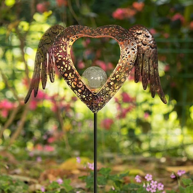 KAIXOXIN LEDs Solar Heart Stake Lights for Garden Metal Warm White, Memorial Gift - Perfect as Remembrance & Sympathy Gifts (Heart-Bronze) KAIXOXIN