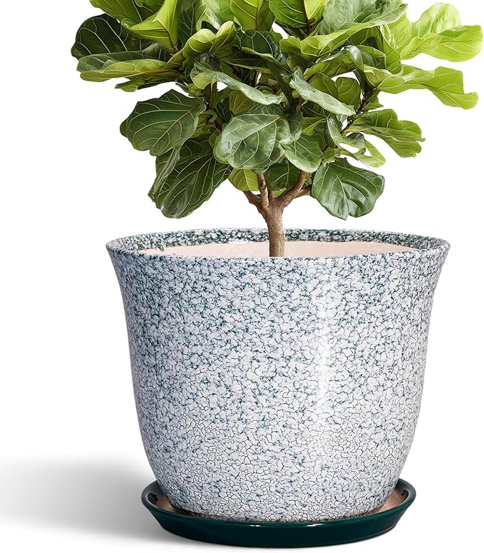 12 Inch Pot for Plants- Ceramic Planter Indoor Outdoor, Round Large Plant Pots with Drainage Hole and Saucer, Decorative Flower Pots, Modern Planter, Garden Decor, Plant Lovers Gifts, Green SUNPOTFOR