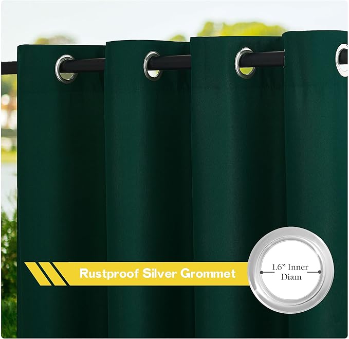 NICETOWN 2 Panels Outdoor Curtains for Patio Waterproof 108" Long, Stainless Steel Silver Grommet Privacy Drapes for Outdoor Living/Pergola, Dark Green, W55 x L84 per Panel NICETOWN
