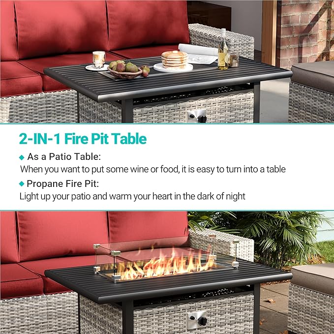 16-Piece Outdoor Patio Furniture Set with Rocking Swivel Chair, PE Wicker Rattan Sectional Sofa Patio Conversation Set with 55,000 BTU Fire Pit Table & Coffee Table, Red MuphyersPatioFurniture