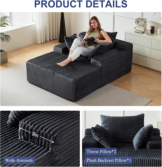 67 Inch Chaise Lounge Chair Indoor, Oversized Upholstered Boneless Sofa Bed, Corduroy Deep Seat Sleeper Couch Reading Chairs, Cloud Sofas Couches for Living Room, No Assembly Required (Dark Gray) Rootora
