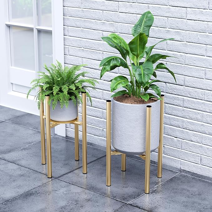 Plant Stand Indoor for 2 Height Options ,Mid Century Modern Outdoor Planter Holder,Corner plant stand Capacity of 160LB for 8 to 14 Inch Pots Golden with Round Plate 2 Pack HomecourtyardsInterio