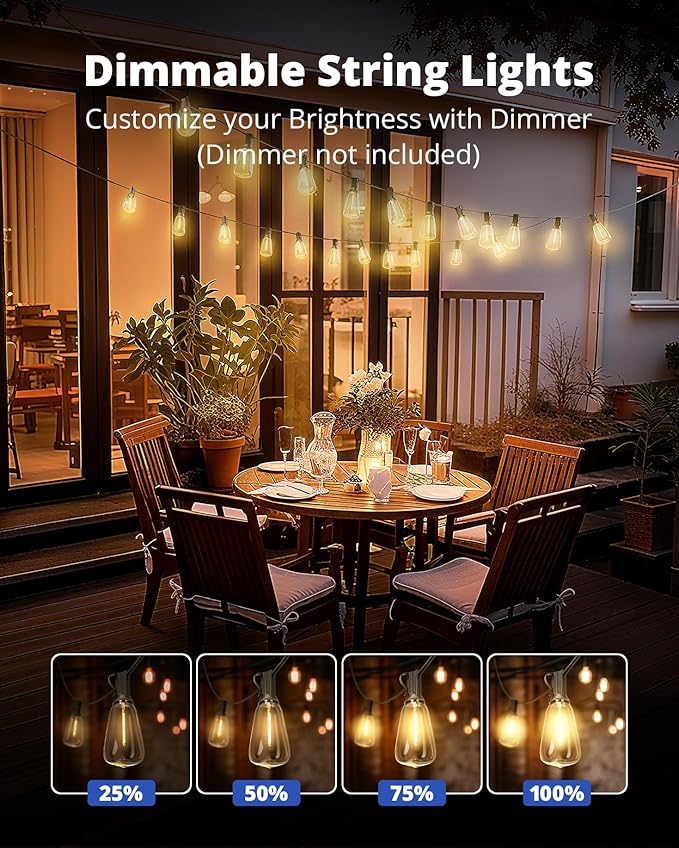 VIPAR Outdoor String Lights 25FT LED Patio Lights IPX5 Waterproof with 10+1 ST38 Shatterproof Edison Bulbs, 2700K Connectable Outside Hanging Light for Porch, Garden, Backyard, Deck, Balcony, Decor VIPAR