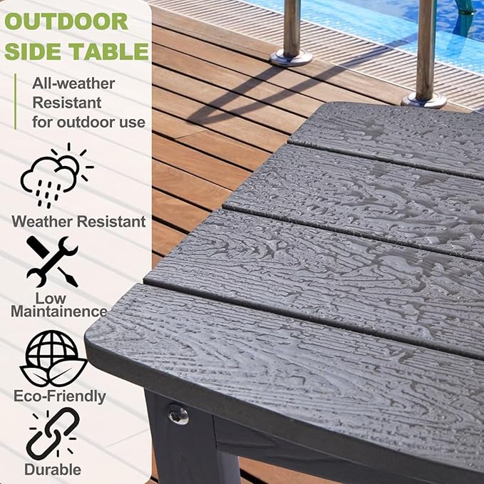 Y&M Outdoor Side Table, HIPS Adirondack Small Single Table, Waterproof Square Outside Table, Balcony Modern End Tables for Patio, Pool, Beach, Porch, Deck, Indoor or Outdoor Use, Dark Gray YM