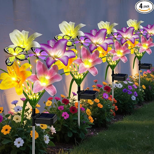 Solar Garden Lights Outdoor, 4 Pack Flower Lights for Outside, 16 Solar Lilies with Butterflies, Waterproof Garden Decor for Yard, Patio, Gifts for Women Mom (4 pcs Lilies) OSTRITEC