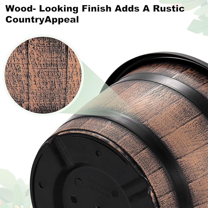 Quarut Large Plastic 3 Pack16 inch Plant Pots,Whiskey Barrel Planters with Drainage Holes & Saucer.Flower Pots Imitation Wine Barrel Design for Indoor & Outdoor Garden Balcony Plants.7 Gallons(Brown) Quarut