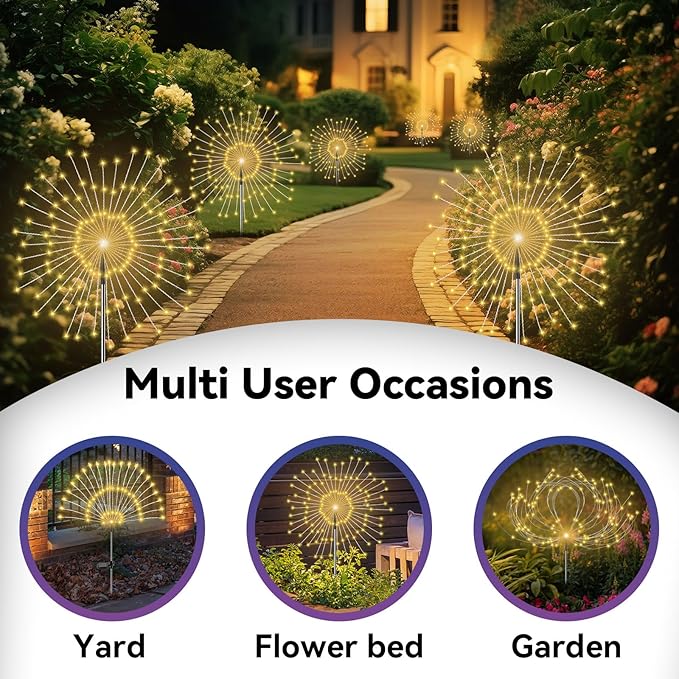 Garden Outdoor Lights, 2 Pack 120 LED Solar Garden Lights Fairy Lights Outdoor Waterproof Decorative Solar Firework Lights for Yard Patio Pathway Flowerbed Party Wedding Decor, Warm White Slyuexu